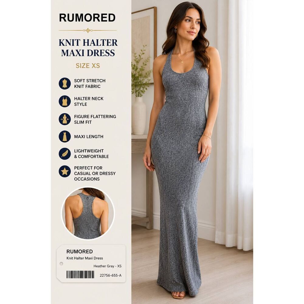Rumored XS Gray Marled Knit Halter Maxi Dress Racerback Bodycon NWT